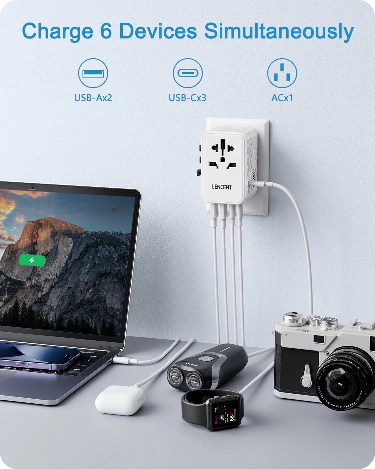 LENCENT 65W GaN Universal Travel Adapter – 2 USB & 3 Type-C Fast Charging All-in-One Charger for EU/UK/USA/AUS Travel