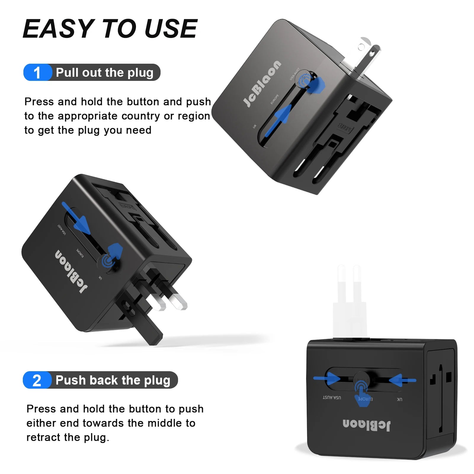 Universal Travel Adapter – Global Plug Converter with USB-A & Type-C for UK, US, EU, AU