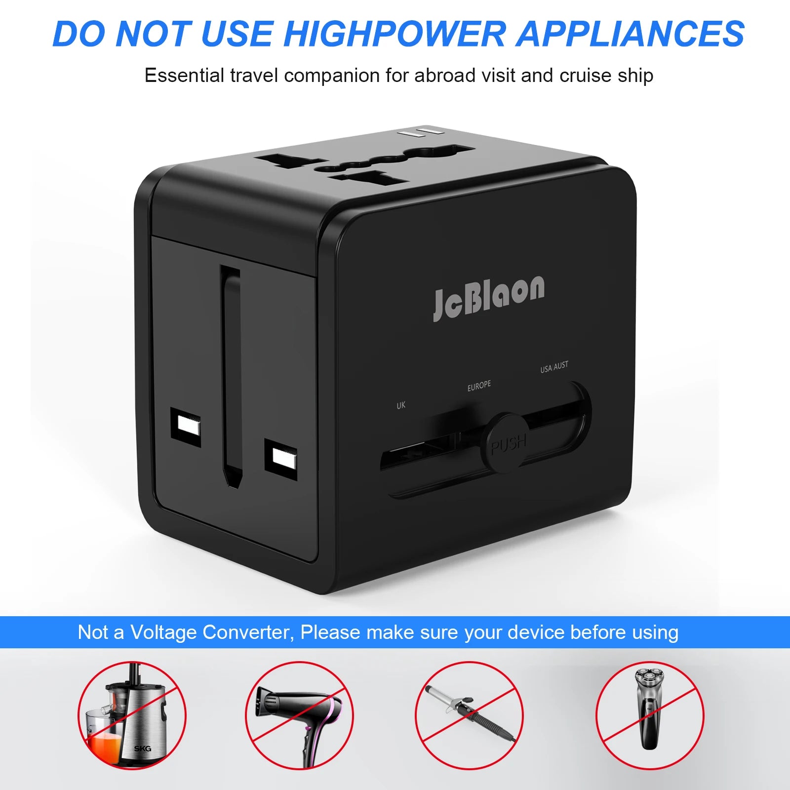 Universal Travel Adapter – Global Plug Converter with USB-A & Type-C for UK, US, EU, AU