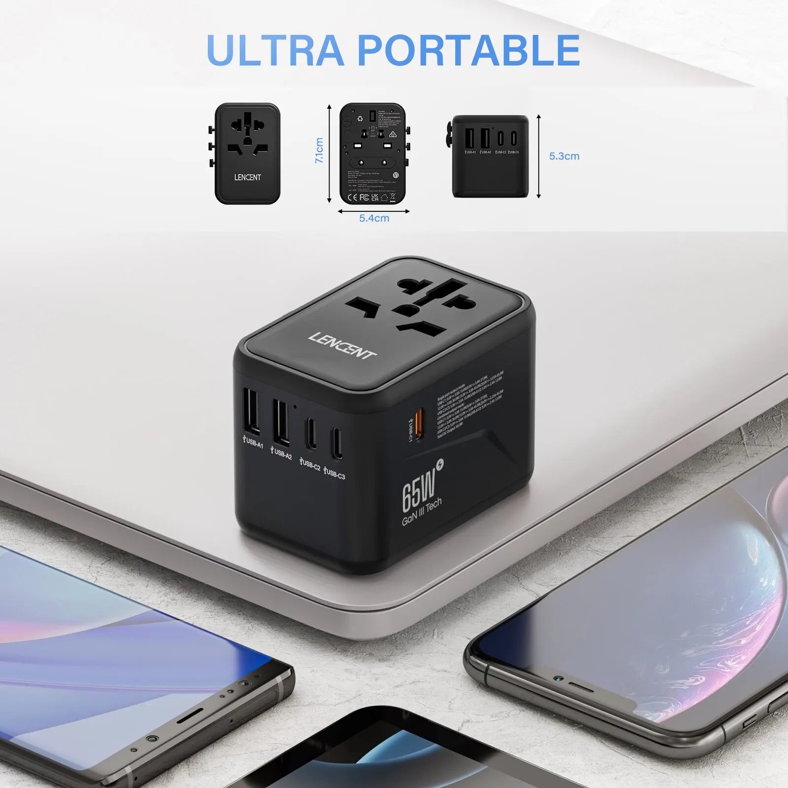 LENCENT 65W/100W GaN Universal Travel Adapter – Fast Charging EU/UK/US/AU Plug with 2 USB & 3 Type-C Ports