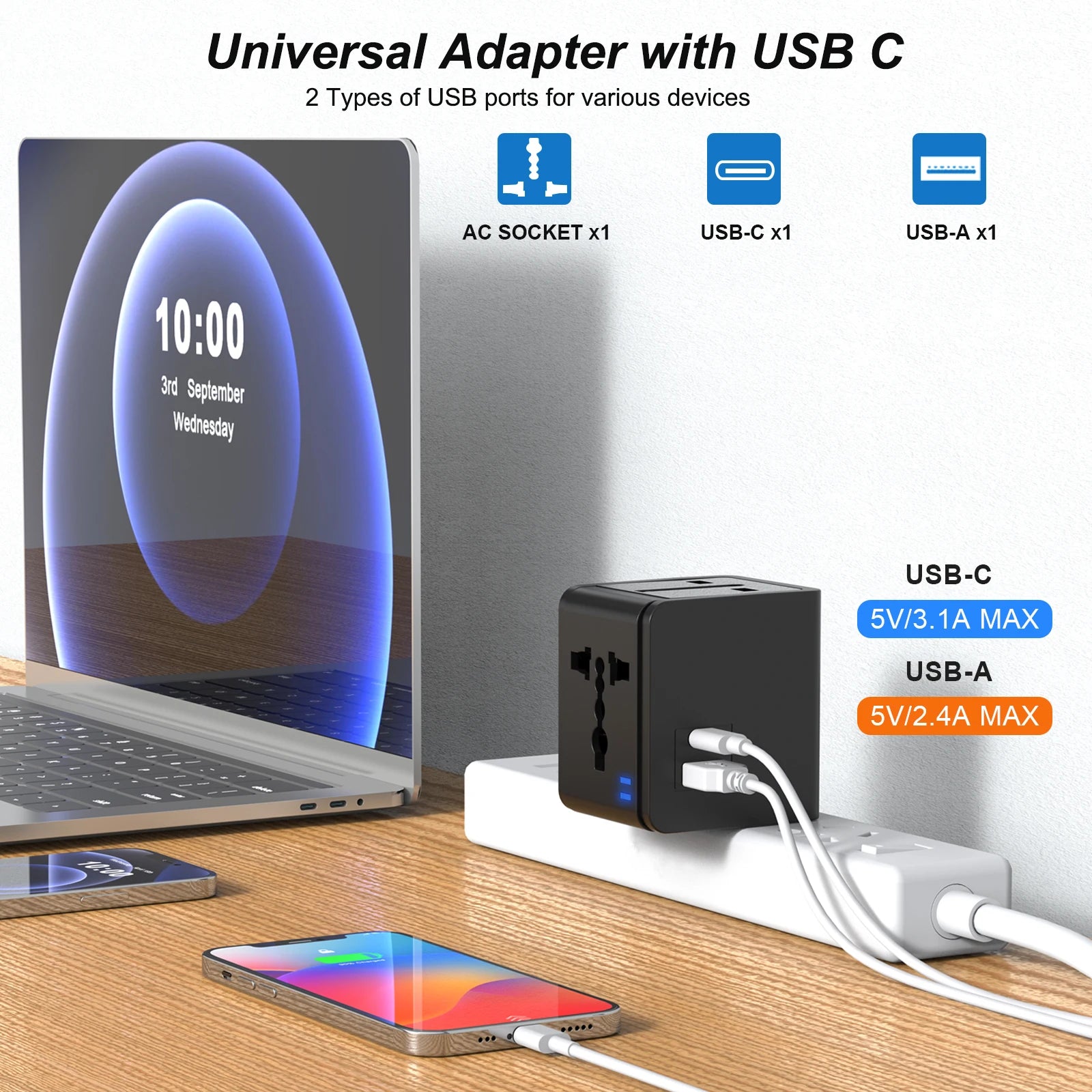 Universal Travel Adapter – Global Plug Converter with USB-A & Type-C for UK, US, EU, AU