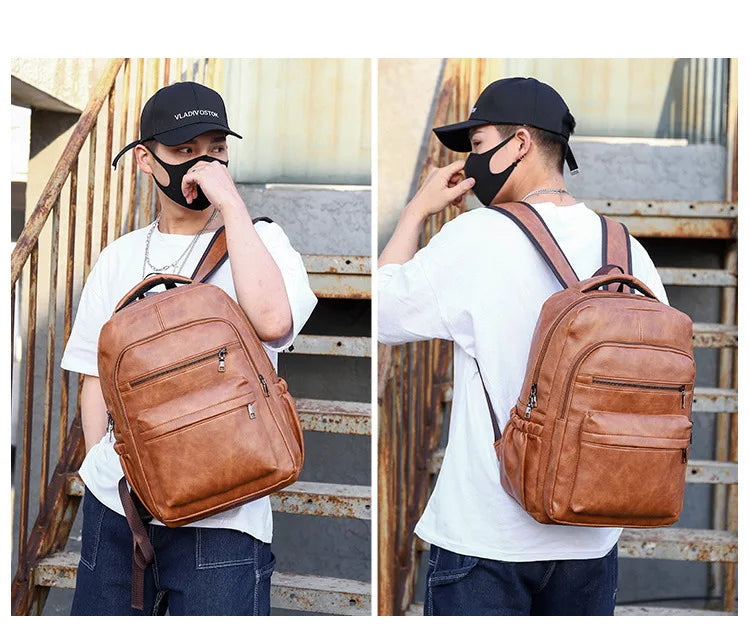 High-Quality USB Charging Backpack for Men – PU Leather Laptop Backpack, Large Schoolbag for Teenagers and Boys