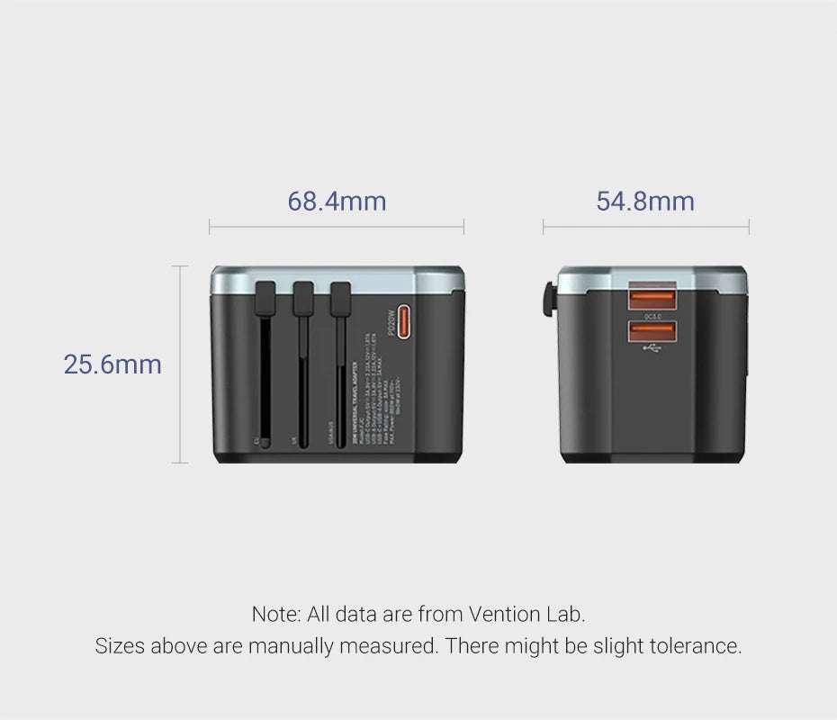 Vention 65W PD Universal Travel Adapter – All-in-One Worldwide Wall Charger with AC Power Plug for USA, EU, UK, AUS