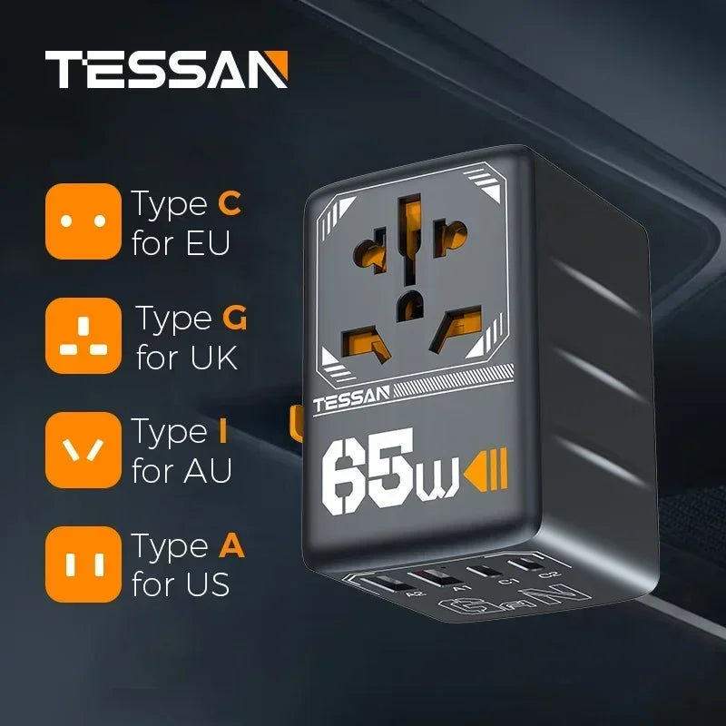 TESSAN 100W GaN Universal Travel Adapter – Fast Charging USB & Type-C Plug for EU/UK/US/AU!