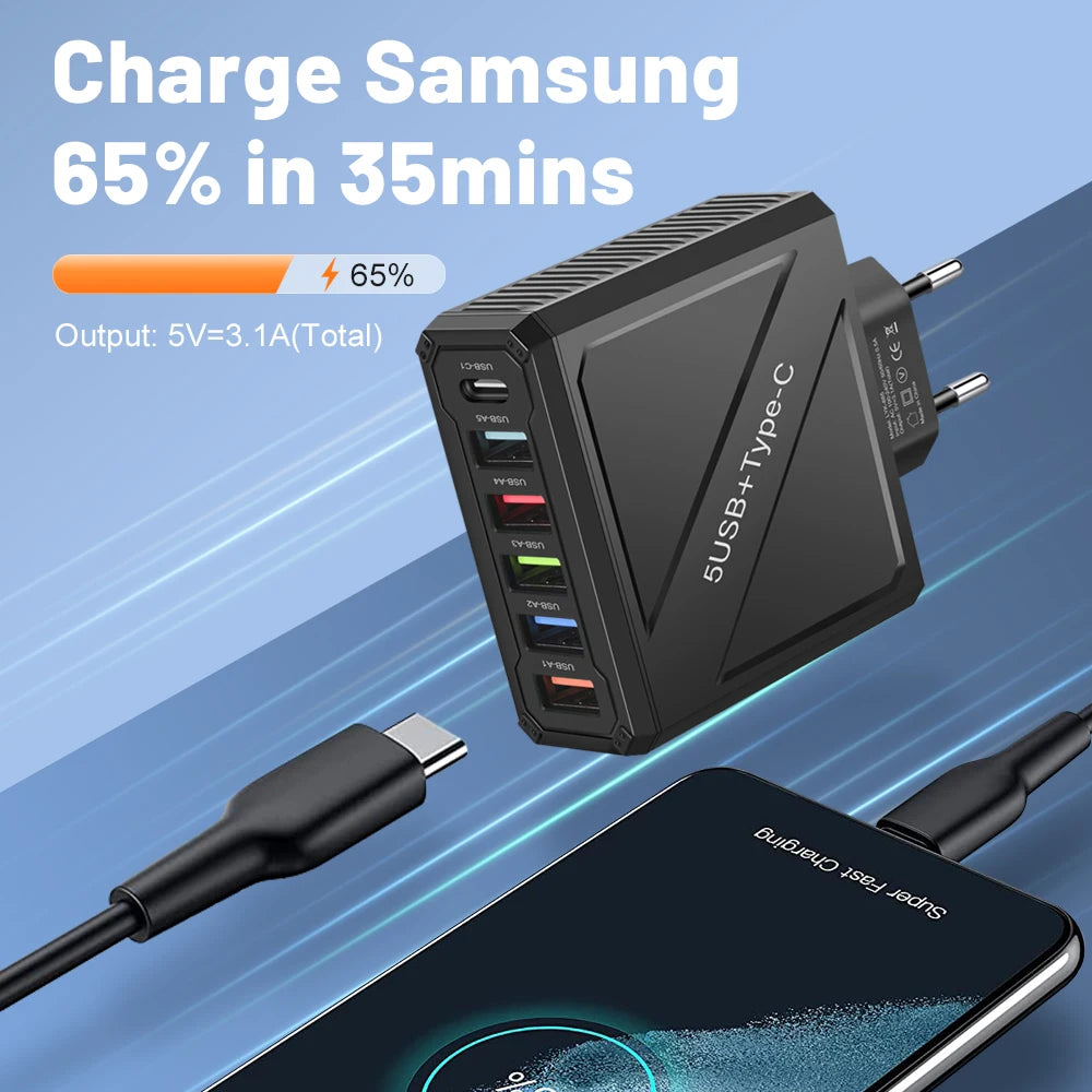 65W 5-Port USB Fast Charger – PD & QC 3.0 Adapter for Xiaomi, iPhone, Samsung & Vivo