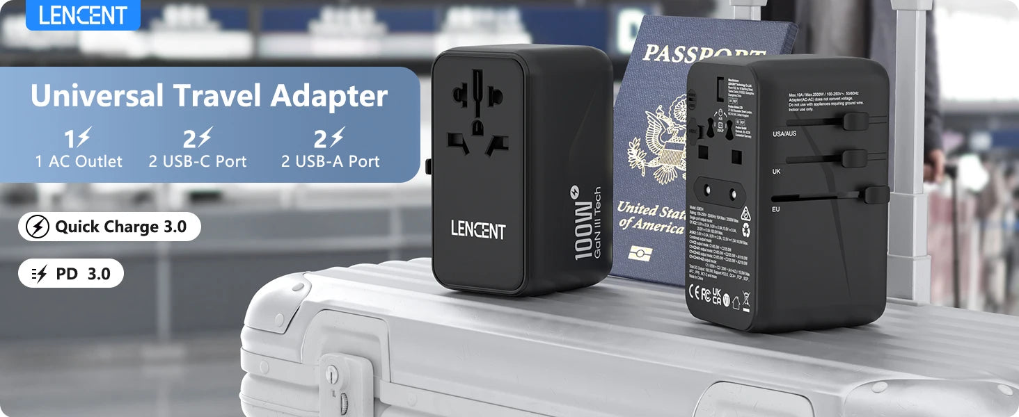 LENCENT 100W GaN Universal Travel Adapter – 2 QC4.0 USB-A & 2 PD3.0 Type-C PPS Fast Charging, EU/UK/USA/AUS Plug for Travel