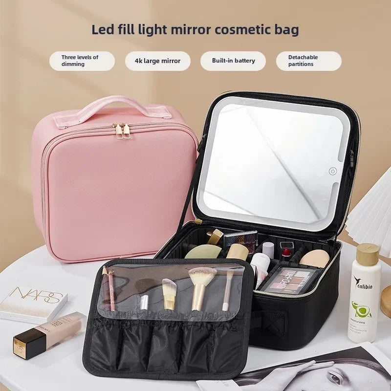 Smart LED Makeup Case with Mirror – Large-Capacity Travel Beauty & Skincare Organizer