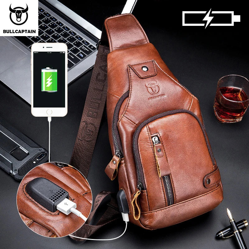 Bullcaptain Leather Large Capacity Chest Bag – Men’s Shoulder Bag with USB Port for Outdoor Casual Activities