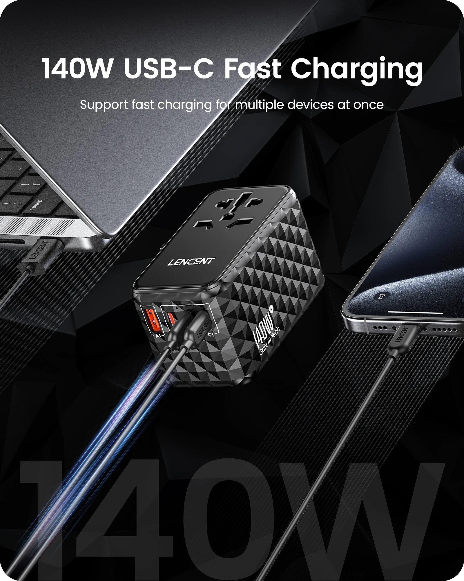 LENCENT 140W GaN Universal Travel Adapter – Fast Charging with 3 USB-C & 1 USB-A for EU/UK/US/AU! 🌍⚡