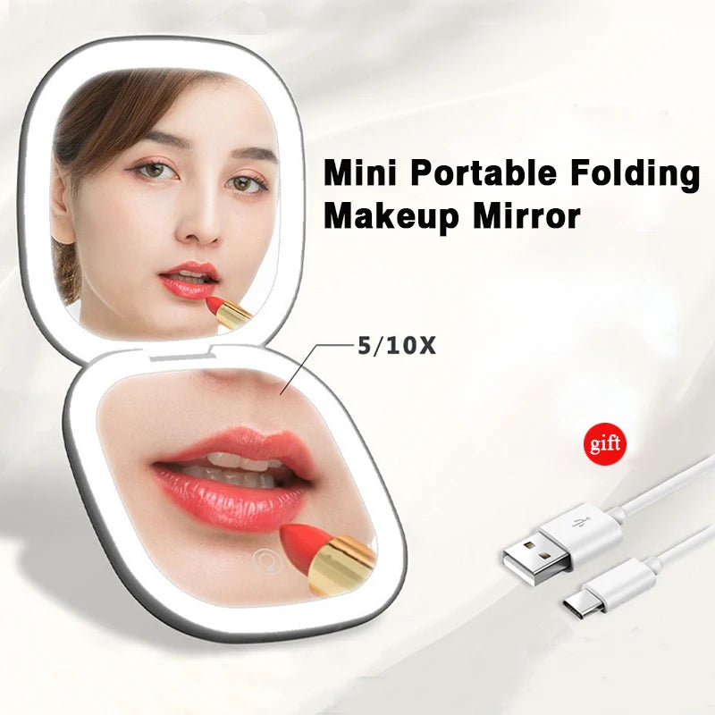 Mini LED Magnifying Makeup Mirror – 5X/10X Folding Compact Travel Vanity Mirror