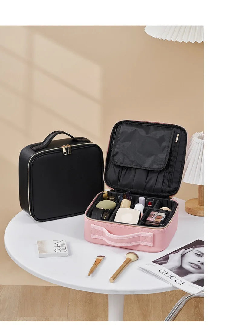 Smart LED Makeup Case with Mirror – Large-Capacity Travel Beauty & Skincare Organizer