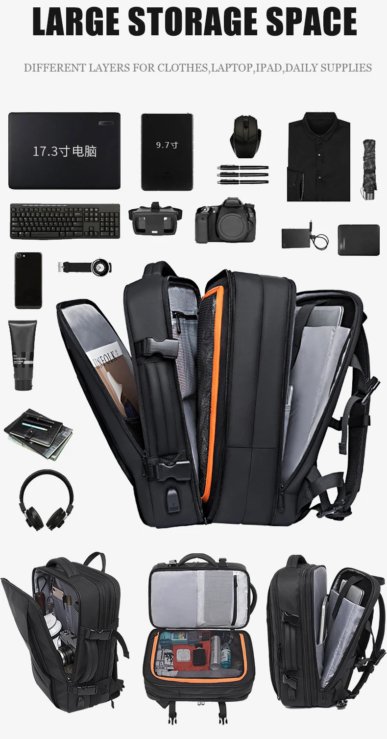 BANGE Expandable Men's Backpack – Waterproof 17.3-inch Laptop Backpack, Large Capacity Hiking Travel Bag for Men