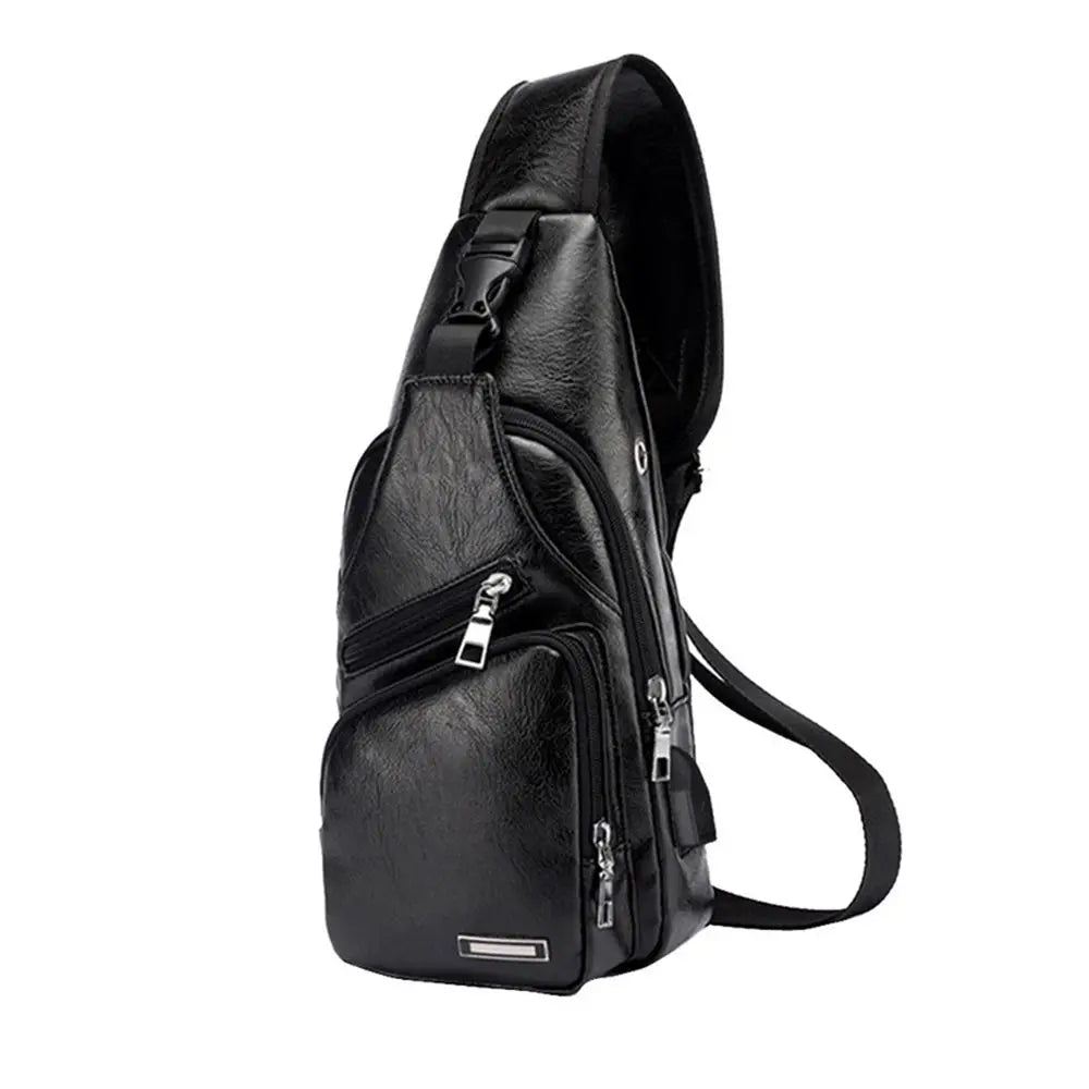 USB Data Cable Charging Chest Bag – Casual Fashion Shoulder Bag, PU Outdoor Sports Men’s Backpack