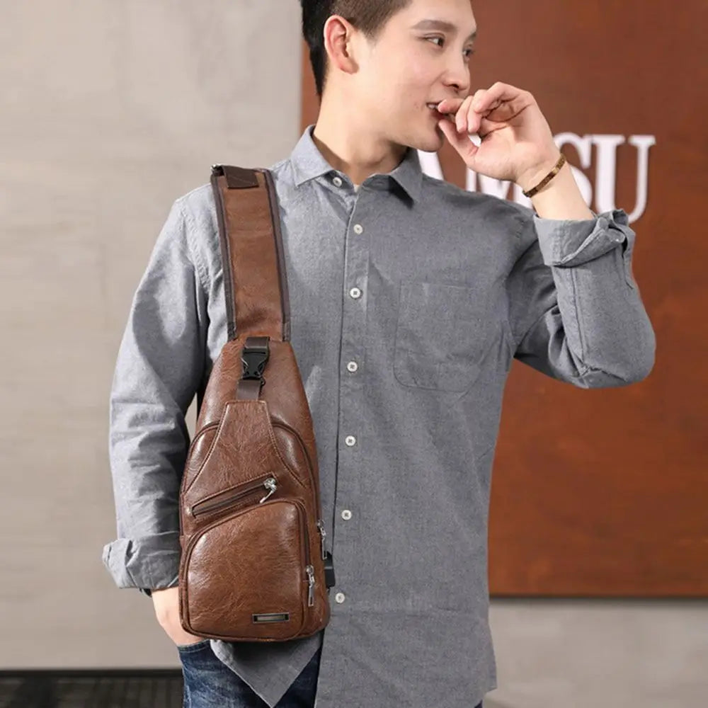 USB Data Cable Charging Chest Bag – Casual Fashion Shoulder Bag, PU Outdoor Sports Men’s Backpack