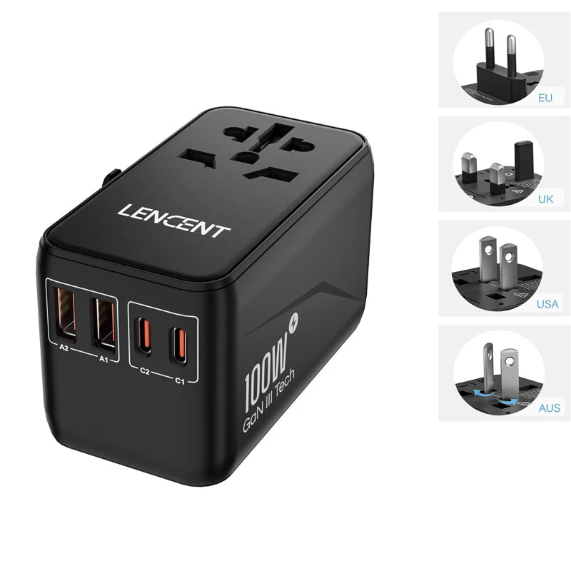 LENCENT 100W GaN Universal Travel Adapter – 2 QC4.0 USB-A & 2 PD3.0 Type-C PPS Fast Charging, EU/UK/USA/AUS Plug for Travel