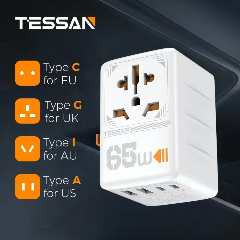 TESSAN 100W GaN Universal Travel Adapter – Fast Charging USB & Type-C Plug for EU/UK/US/AU!