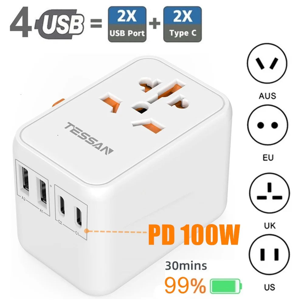 TESSAN 100W GaN Universal Travel Adapter – Fast Charging USB & Type-C Power Adapter for EU/UK/US/AU!