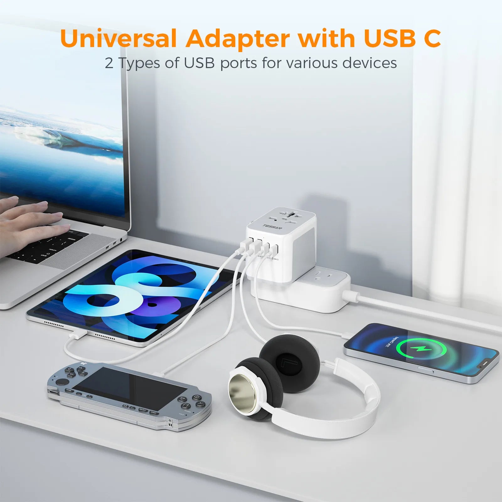 TESSAN 100W GaN Universal Travel Adapter – Fast Charging USB & Type-C Power Adapter for EU/UK/US/AU!