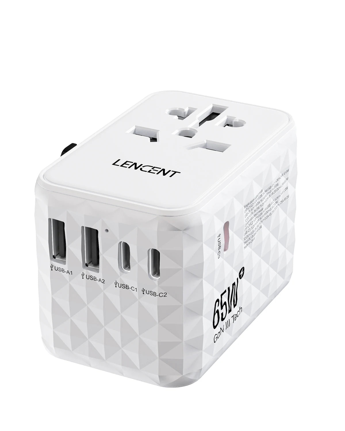 LENCENT 65W GaN Universal Travel Adapter – 2 USB & 3 Type-C Fast Charging All-in-One Charger for EU/UK/USA/AUS Travel