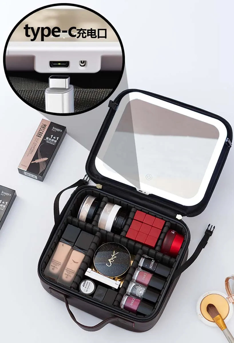 LED Travel Makeup Bag with Mirror – Large-Capacity Portable Storage Case with Combination Lock