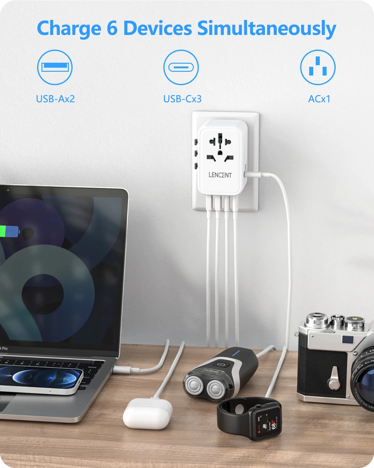 LENCENT 65W/100W GaN Universal Travel Adapter – Fast Charging EU/UK/US/AU Plug with 2 USB & 3 Type-C Ports