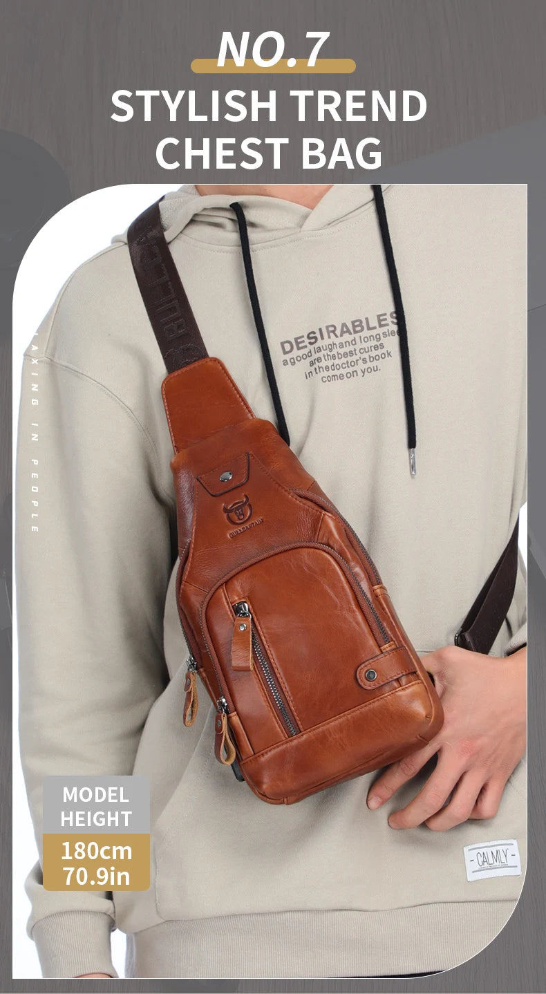 Bullcaptain Leather Large Capacity Chest Bag – Men’s Shoulder Bag with USB Port for Outdoor Casual Activities