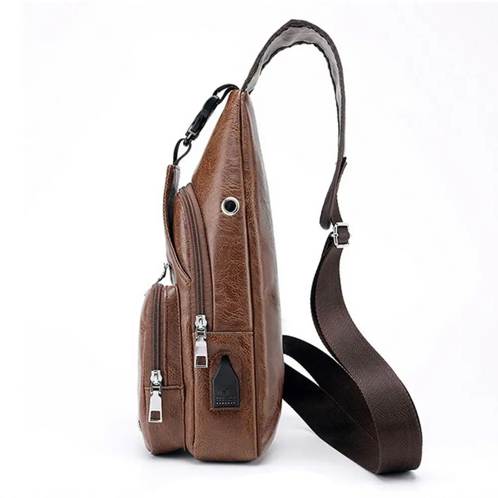 USB Data Cable Charging Chest Bag – Casual Fashion Shoulder Bag, PU Outdoor Sports Men’s Backpack