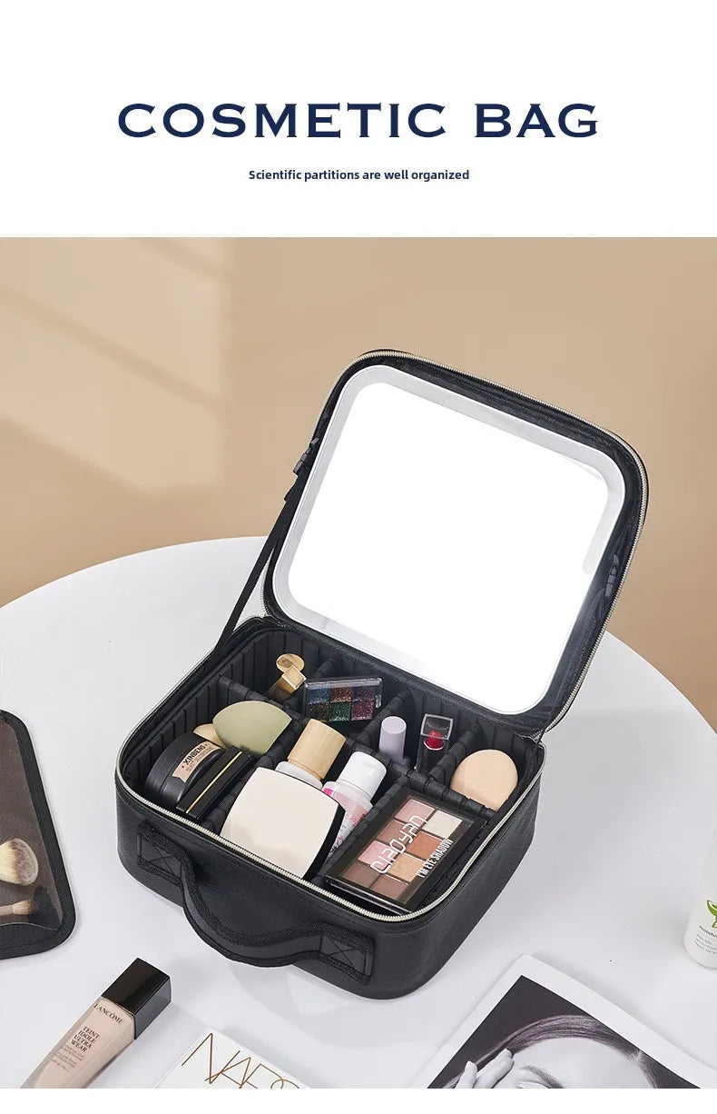 Smart LED Makeup Case with Mirror – Large-Capacity Travel Beauty & Skincare Organizer