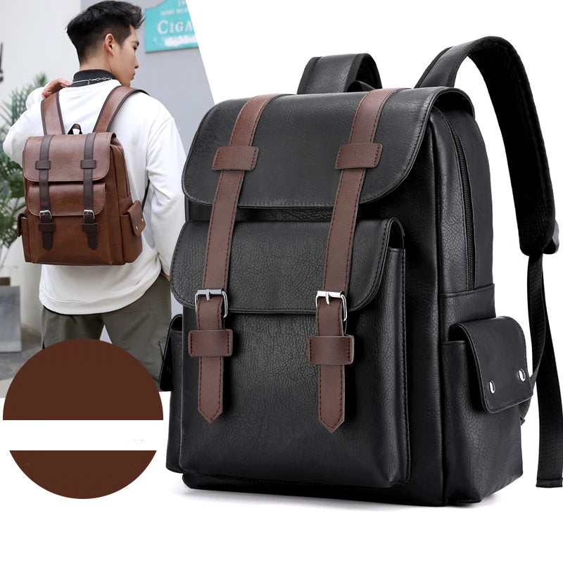 2025 Men’s PU Leather Backpack – Large Laptop Bag, Mochilas for Teenagers Boys, Black & Brown Schoolbag