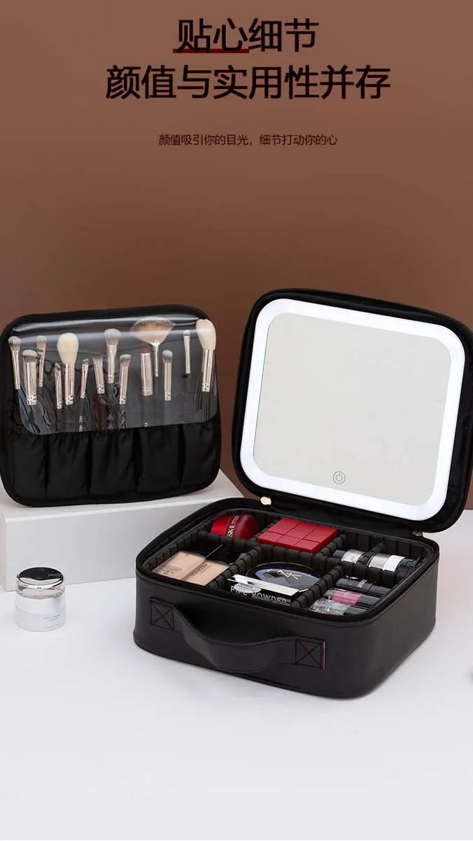 LED Travel Makeup Bag with Mirror – Large-Capacity Portable Storage Case with Combination Lock