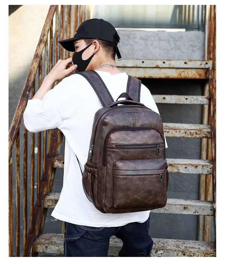 High-Quality USB Charging Backpack for Men – PU Leather Laptop Backpack, Large Schoolbag for Teenagers and Boys