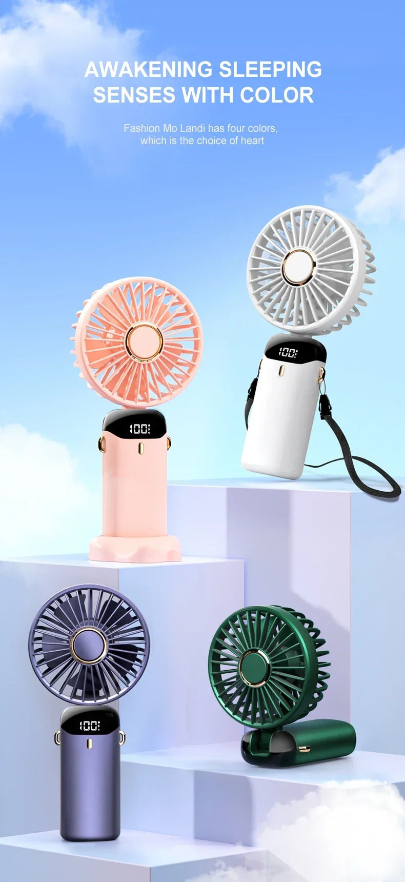 5000mAh Portable Mini Fan – Wireless USB Rechargeable, 5-Speed Foldable Neck Hanging Fan with Digital Display & Phone Holder
