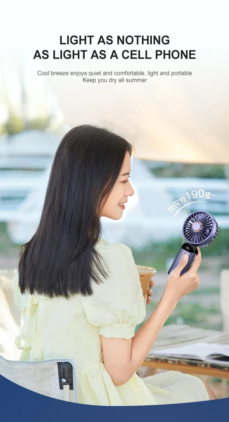 5000mAh Portable Mini Fan – Wireless USB Rechargeable, 5-Speed Foldable Neck Hanging Fan with Digital Display & Phone Holder