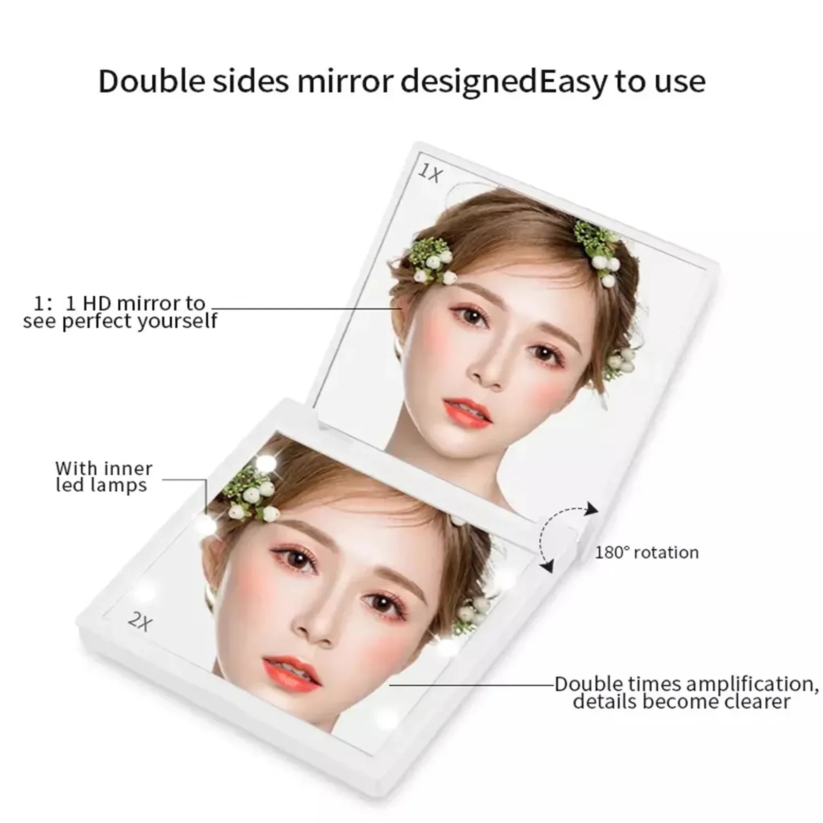Foldable LED Makeup Mirror – Compact & Portable Lighted Pocket Mirror for Women