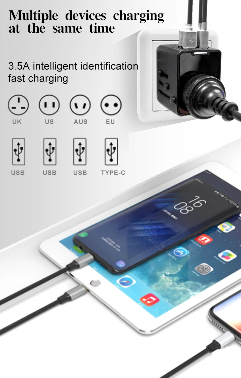 65W Universal Travel Adapter – All-in-One Charger with 3 USB & 1 Type-C for US, EU, UK, & AU