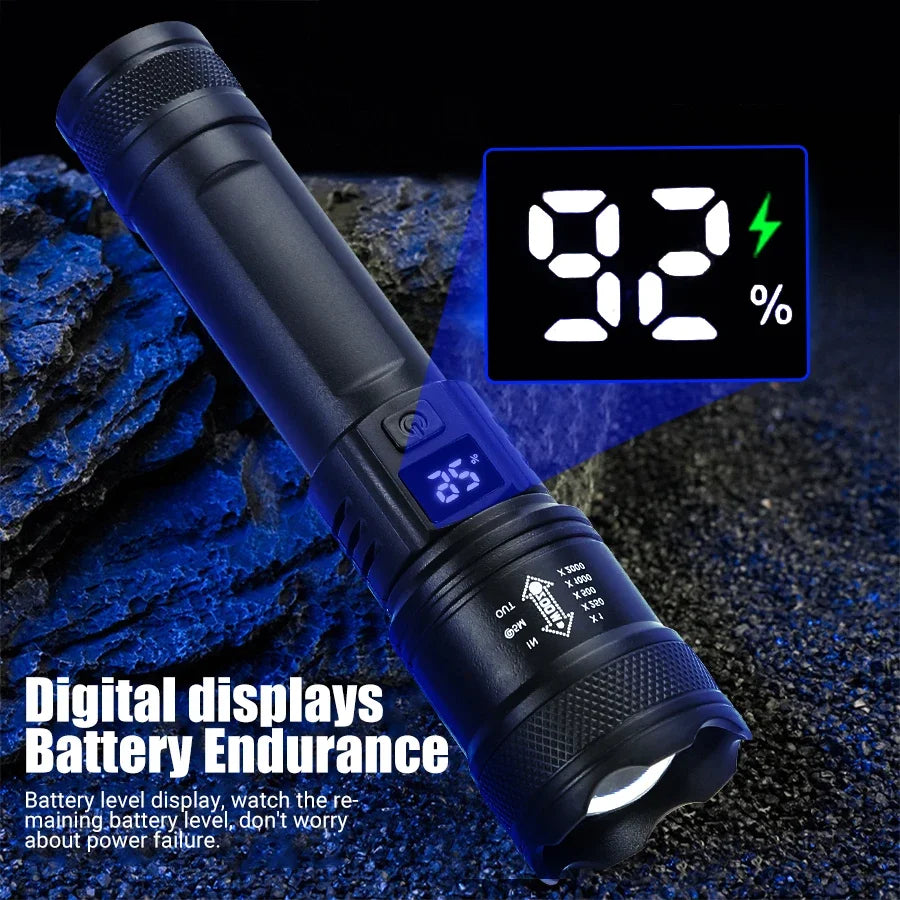 High-Power 2000LM LED Flashlight – Tactical Torch with Display Light, USB Charging, and Zoom for Camping, Fishing & Emergency