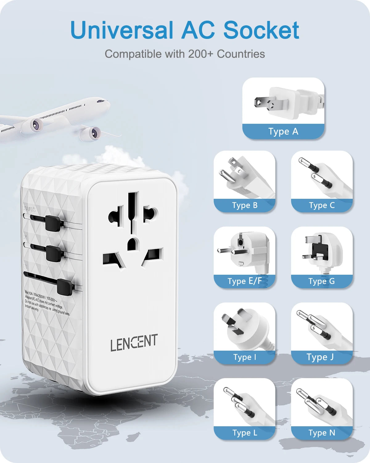 LENCENT 120W GaN International Travel Adapter – 1 USB-A & 3 Type-C PD3.0 Fast Charging EU/UK/USA/AUS Plug Travel Charger