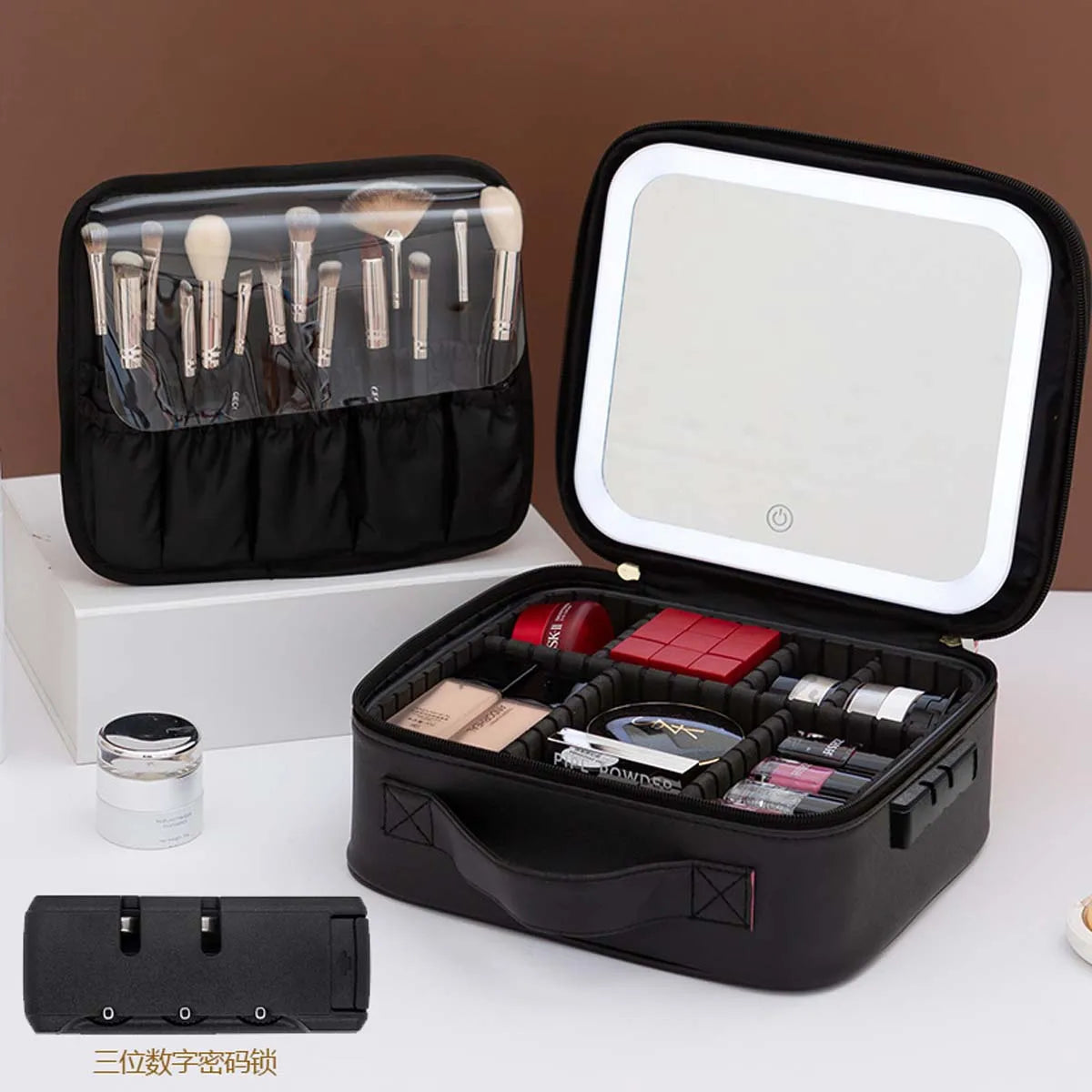 LED Travel Makeup Bag with Mirror – Large-Capacity Portable Storage Case with Combination Lock