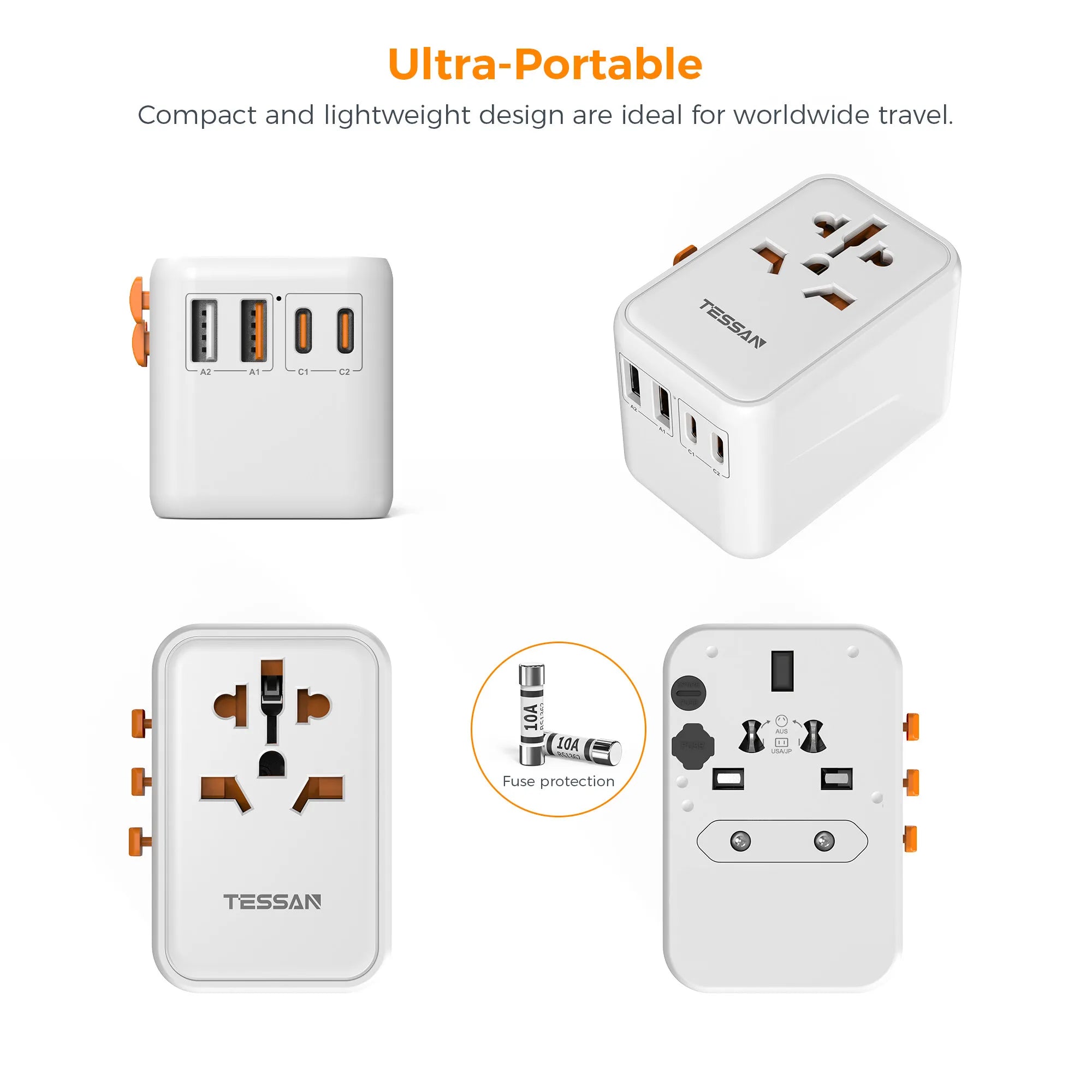 TESSAN 100W GaN Universal Travel Adapter – Fast Charging USB & Type-C Power Adapter for EU/UK/US/AU!