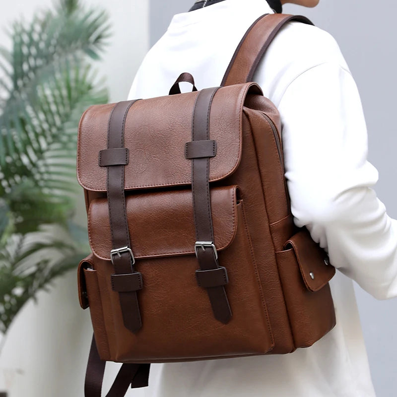 2025 Men’s PU Leather Backpack – Large Laptop Bag, Mochilas for Teenagers Boys, Black & Brown Schoolbag
