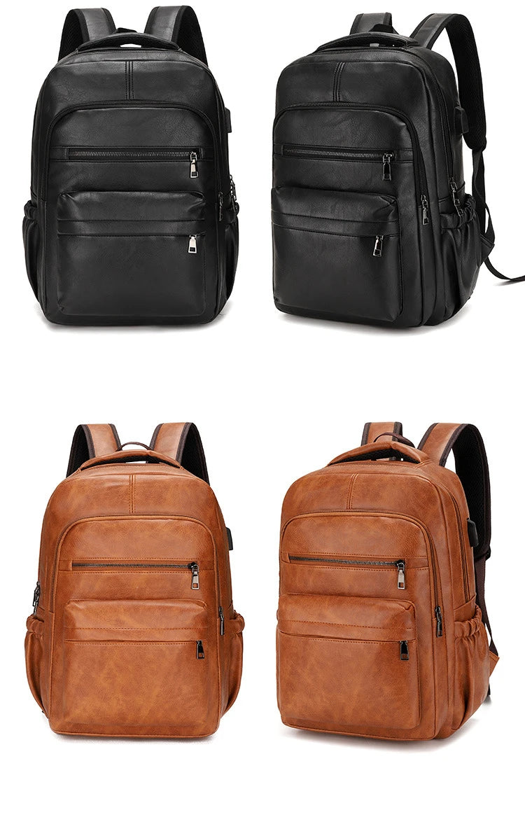 High-Quality USB Charging Backpack for Men – PU Leather Laptop Backpack, Large Schoolbag for Teenagers and Boys