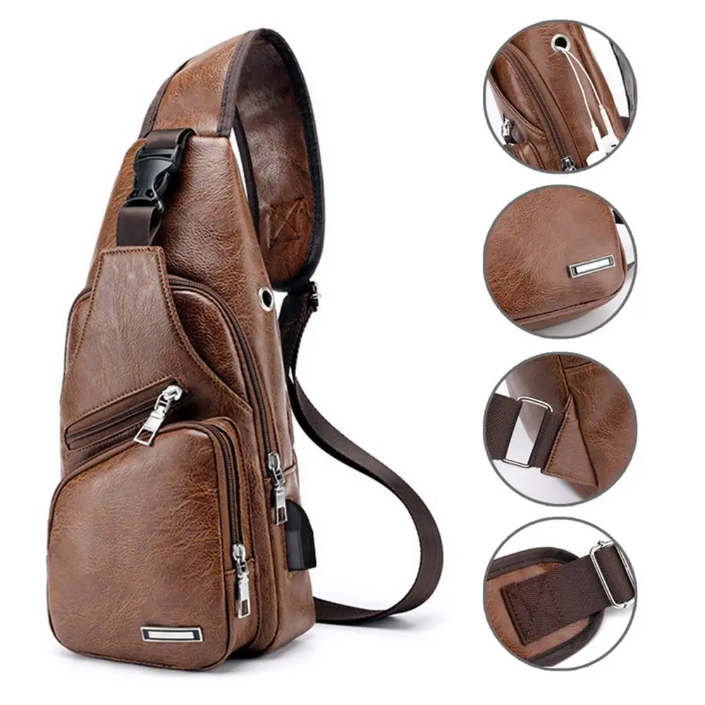 USB Data Cable Charging Chest Bag – Casual Fashion Shoulder Bag, PU Outdoor Sports Men’s Backpack