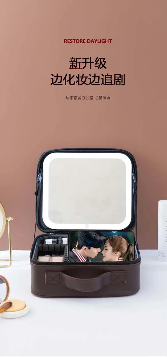 LED Travel Makeup Bag with Mirror – Large-Capacity Portable Storage Case with Combination Lock