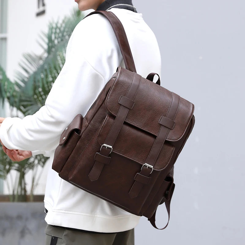 2025 Men’s PU Leather Backpack – Large Laptop Bag, Mochilas for Teenagers Boys, Black & Brown Schoolbag