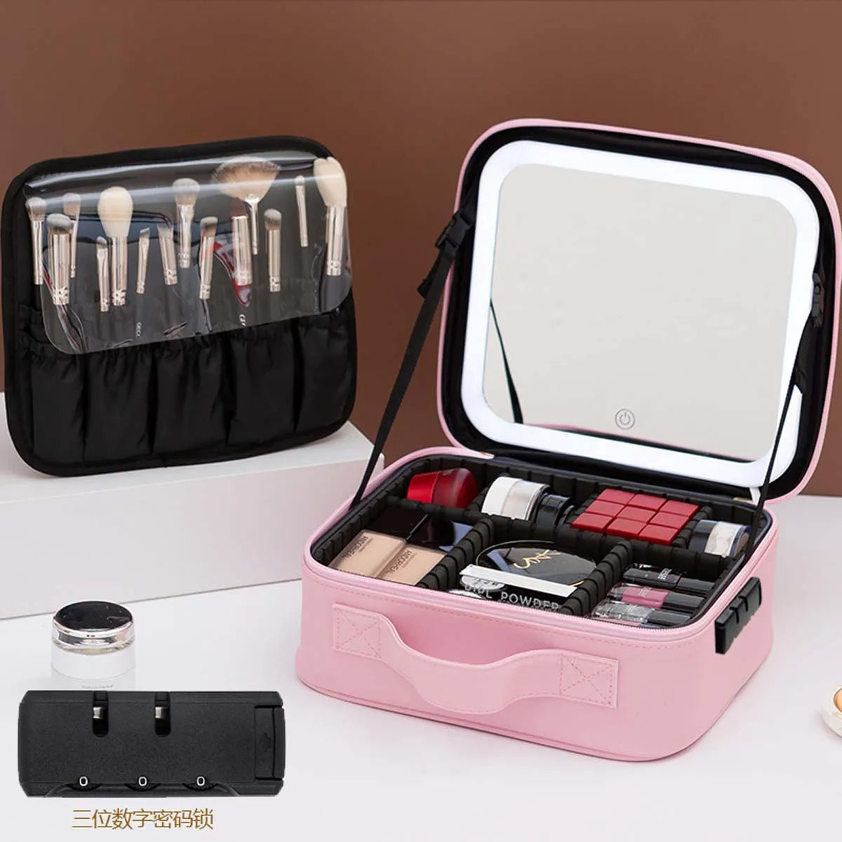 LED Travel Makeup Bag with Mirror – Large-Capacity Portable Storage Case with Combination Lock