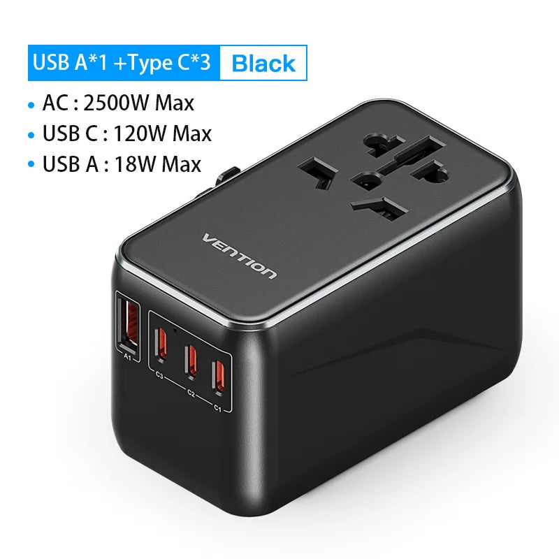 Vention 65W PD Universal Travel Adapter – All-in-One Worldwide Wall Charger with AC Power Plug for USA, EU, UK, AUS