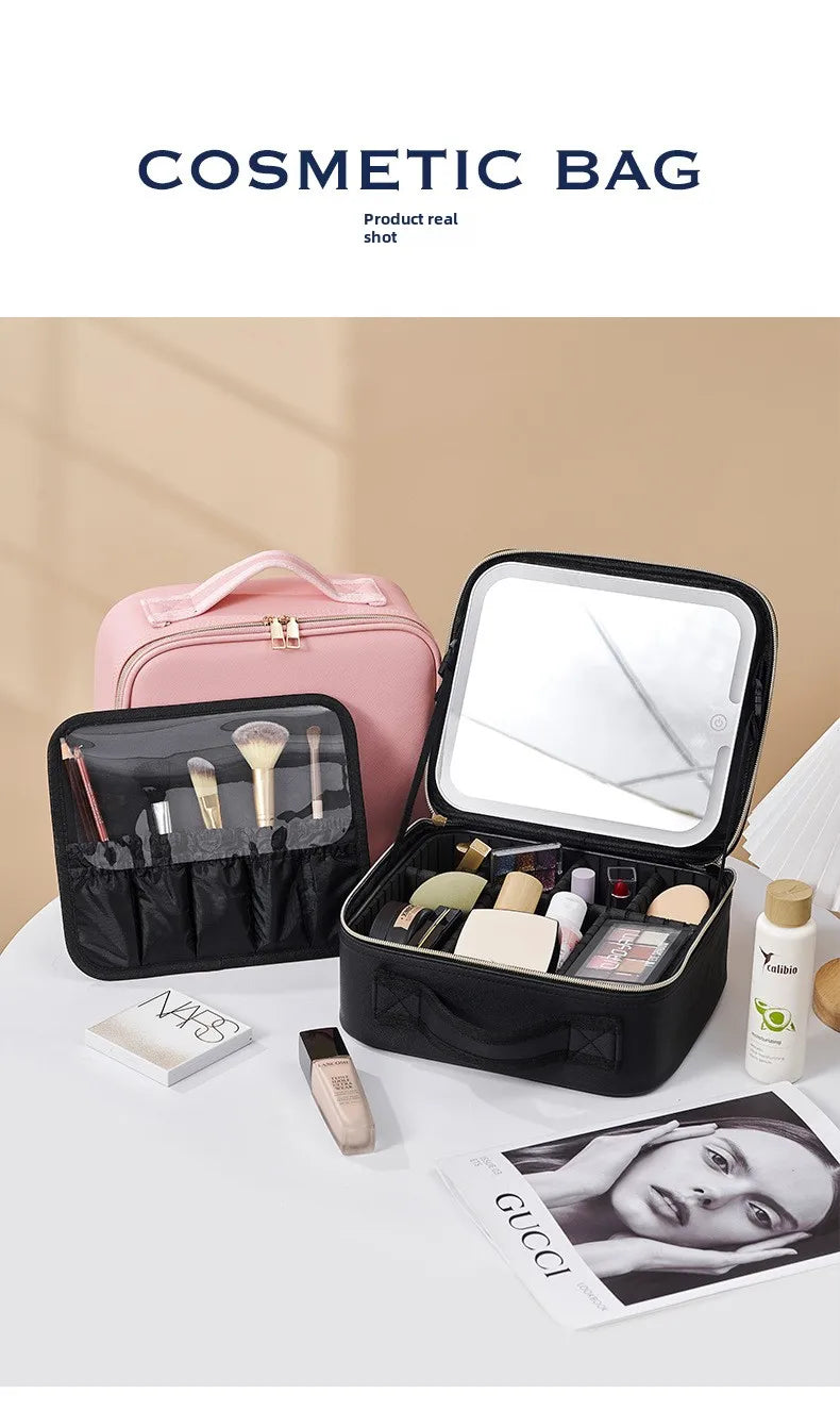 Smart LED Makeup Case with Mirror – Large-Capacity Travel Beauty & Skincare Organizer