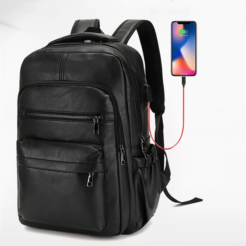 High-Quality USB Charging Backpack for Men – PU Leather Laptop Backpack, Large Schoolbag for Teenagers and Boys