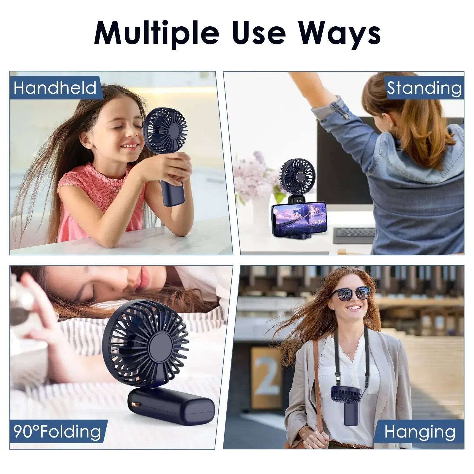 5000mAh Portable Mini Fan – Wireless USB Rechargeable, 5-Speed Foldable Neck Hanging Fan with Digital Display & Phone Holder