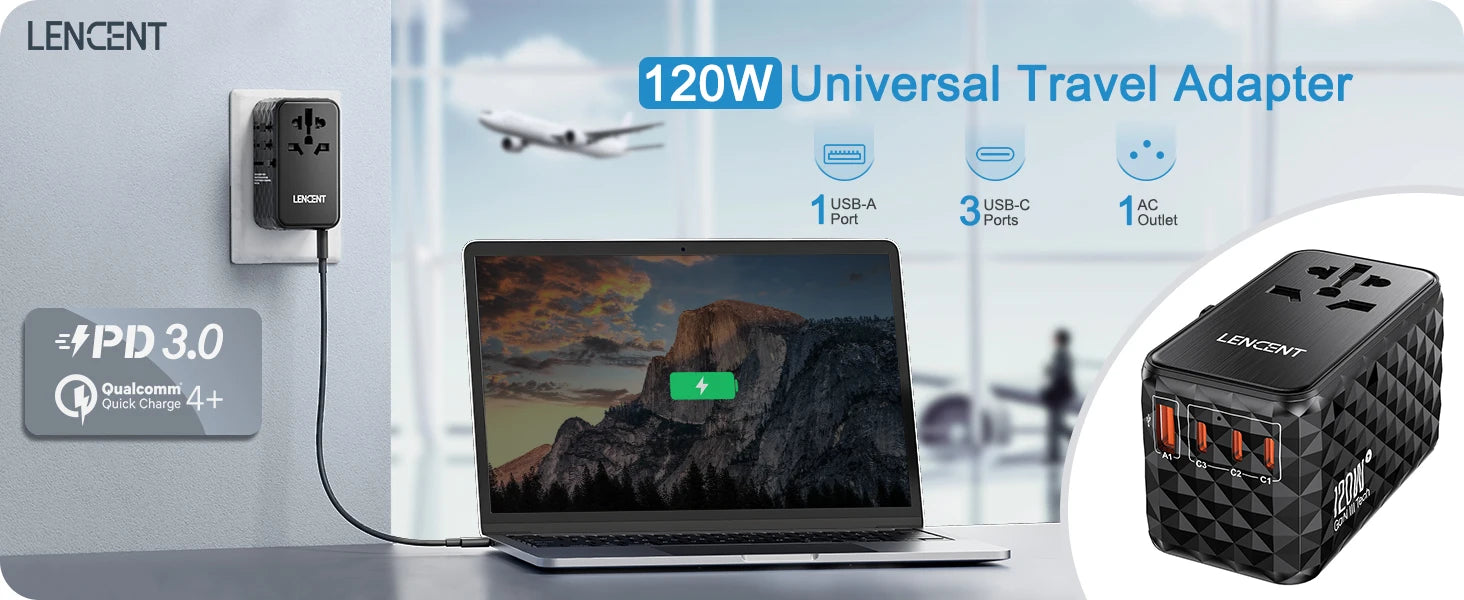 LENCENT 120W GaN International Travel Adapter – 1 USB-A & 3 Type-C PD3.0 Fast Charging EU/UK/USA/AUS Plug Travel Charger